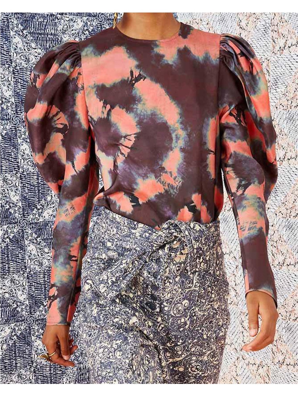 ULLA JOHNSON Rosewood 100% Silk Tie Dye Ora Long Sleeve Blouse